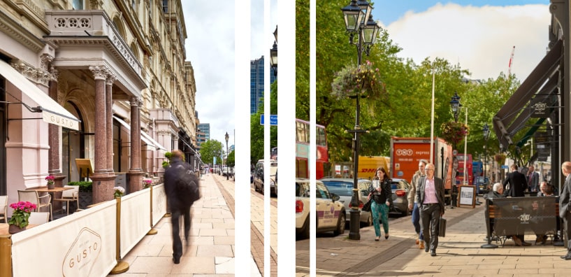 Restaurants and bars along Colmore Row, Birmingham.